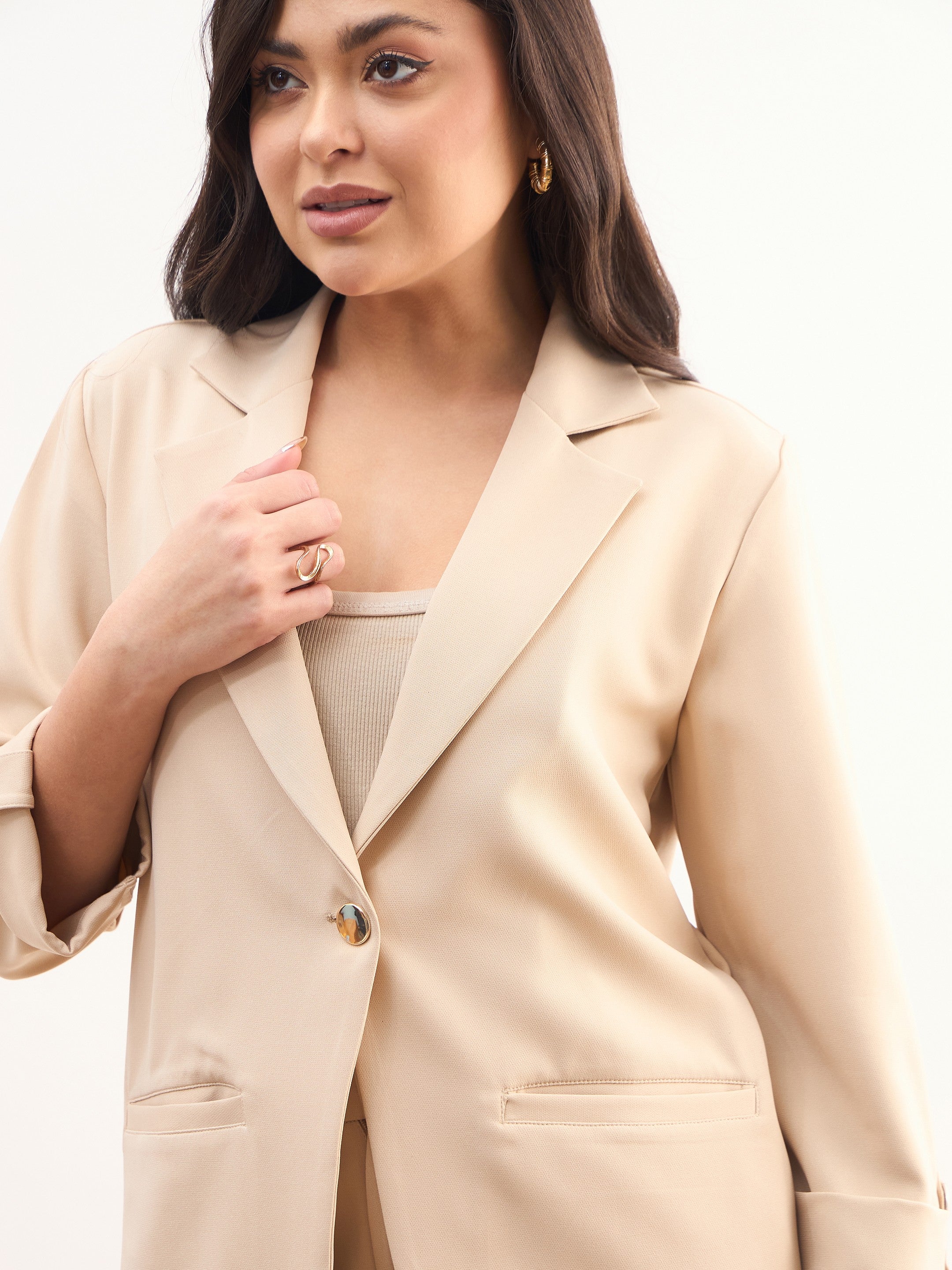 DesiQlo Beige Front Button Notch Collar Blazer - Beige