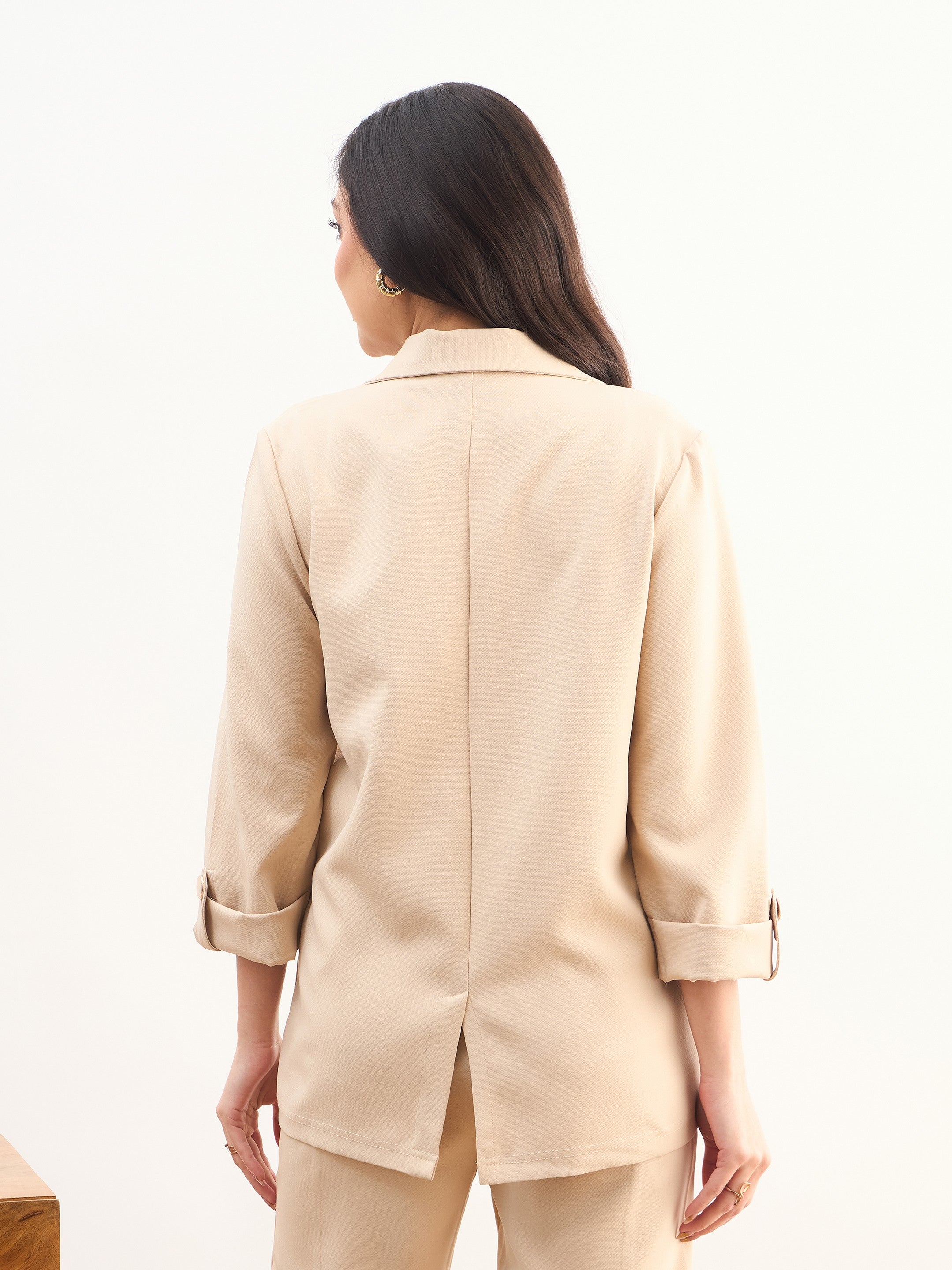 DesiQlo Beige Front Button Notch Collar Blazer - Beige