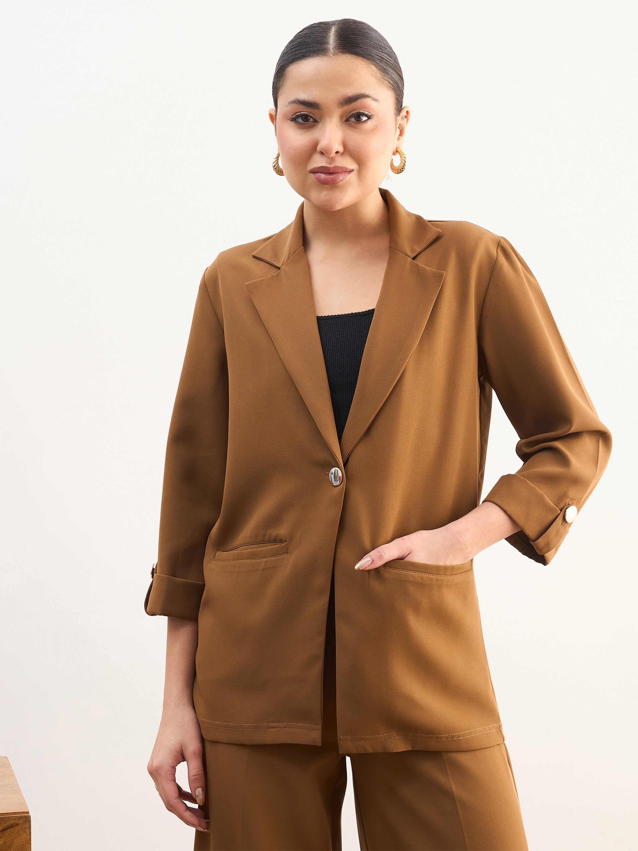DesiQlo Tan Brown Front Button Notch Collar Blazer - Beige