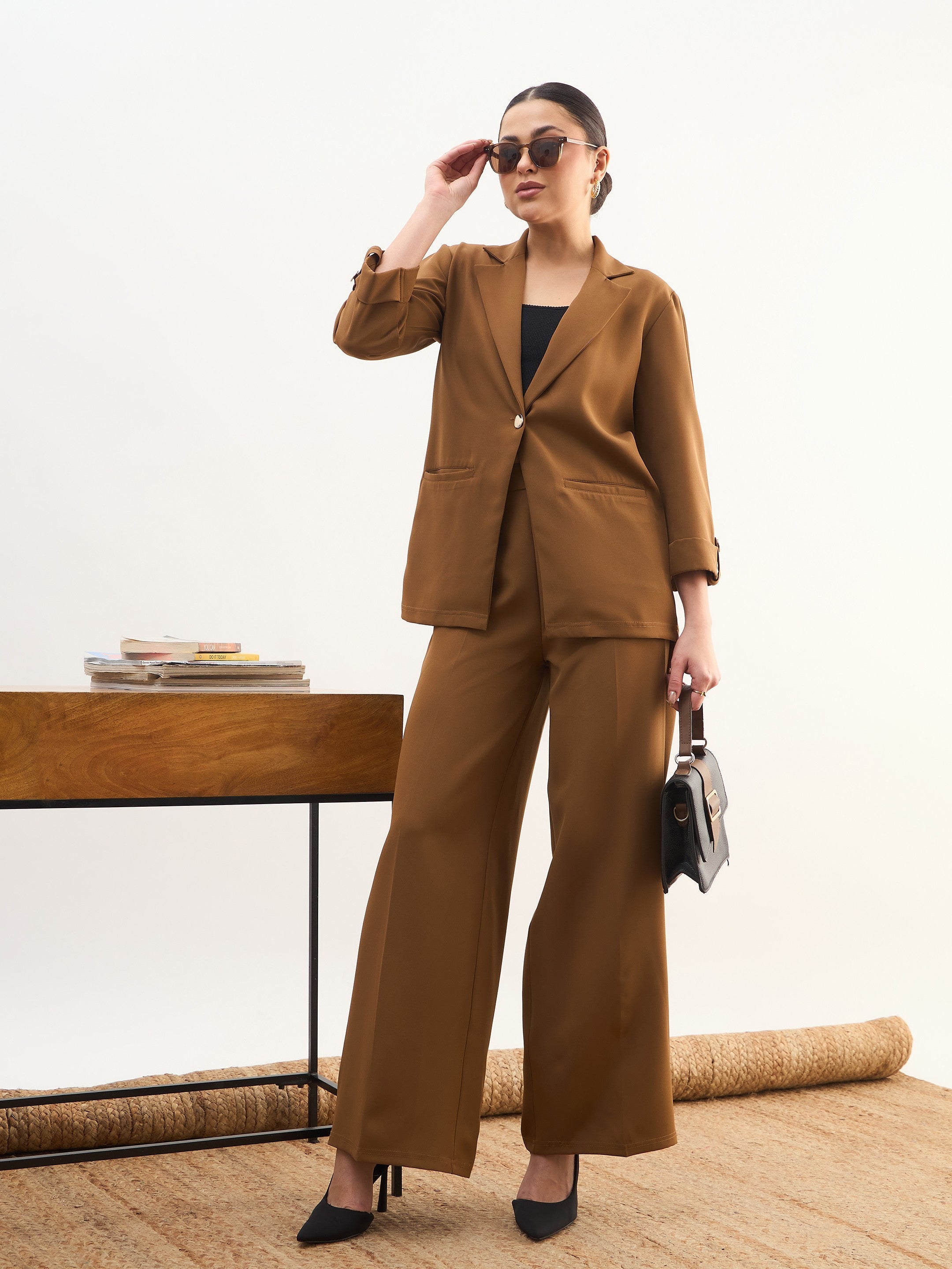 DesiQlo Tan Brown Front Button Notch Collar Blazer - Beige