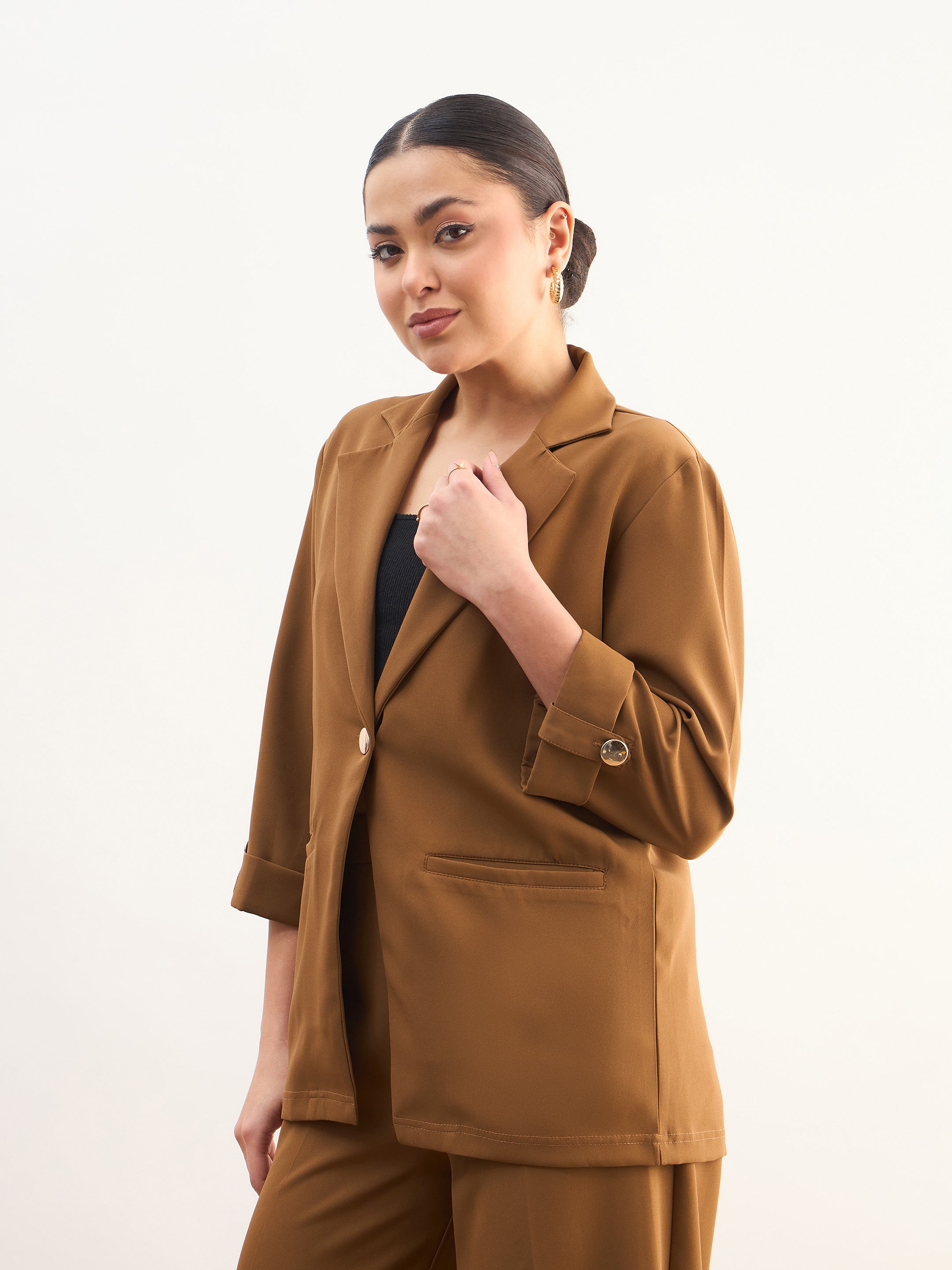 DesiQlo Tan Brown Front Button Notch Collar Blazer - Beige