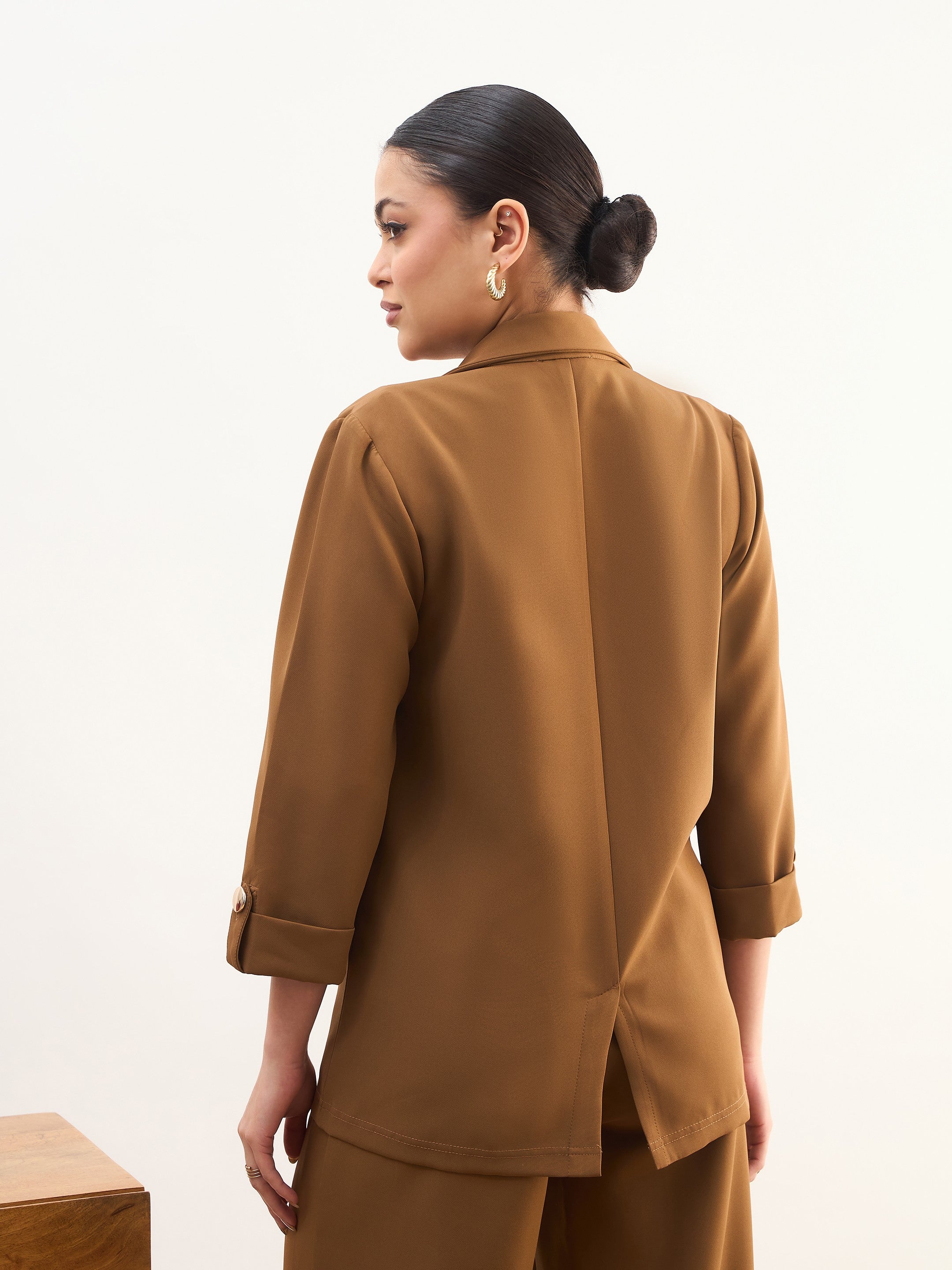 DesiQlo Tan Brown Front Button Notch Collar Blazer - Beige