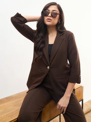 Women Coffee Brown Front Button Notch Collar Blazer