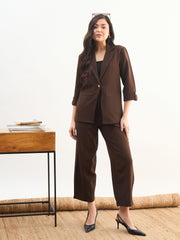 Women Coffee Brown Front Button Notch Collar Blazer