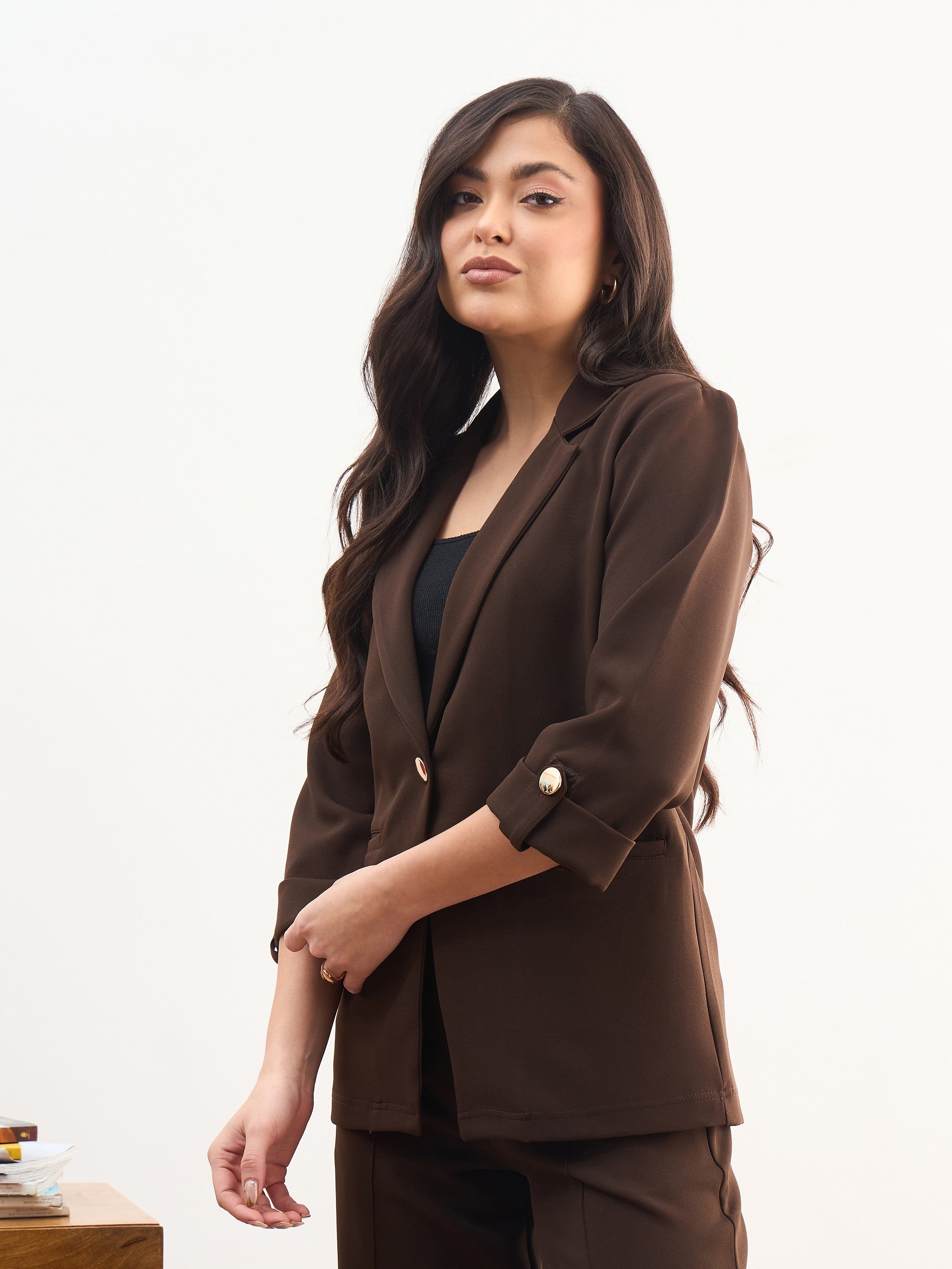 DesiQlo Coffee Brown Front Button Notch Collar Blazer - Brown