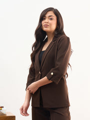 Women Coffee Brown Front Button Notch Collar Blazer