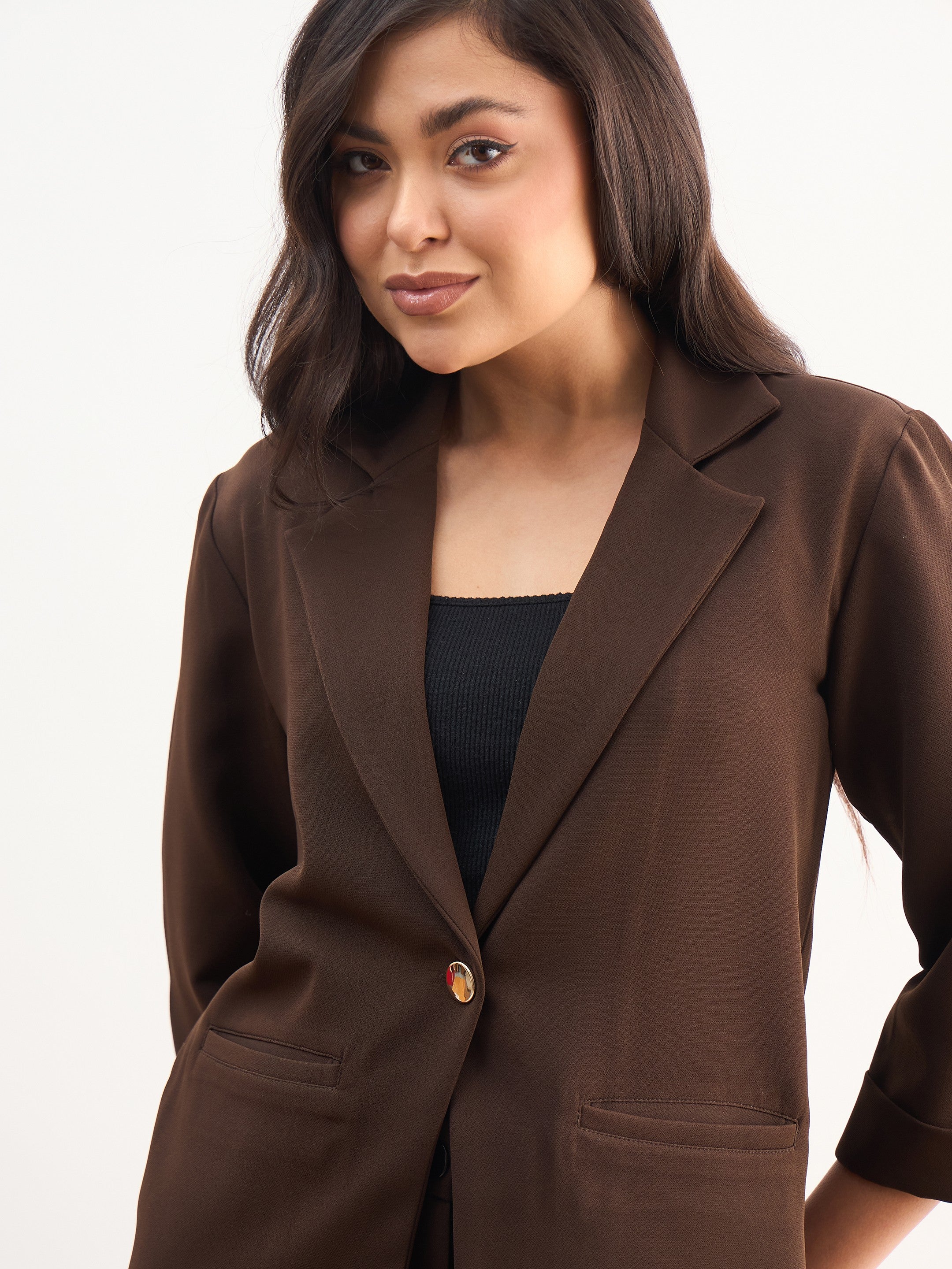 DesiQlo Coffee Brown Front Button Notch Collar Blazer - Brown