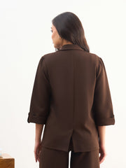 Women Coffee Brown Front Button Notch Collar Blazer