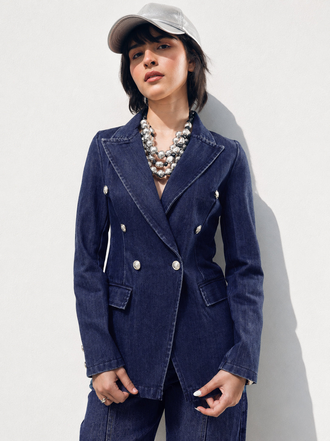 DesiQlo Navy Denim Double Breasted Full Sleeves Blazer - Navy Blu