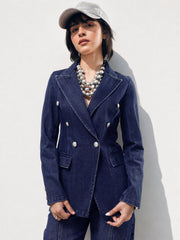 Women Navy Denim Double Breasted Full Sleeves Blazer
