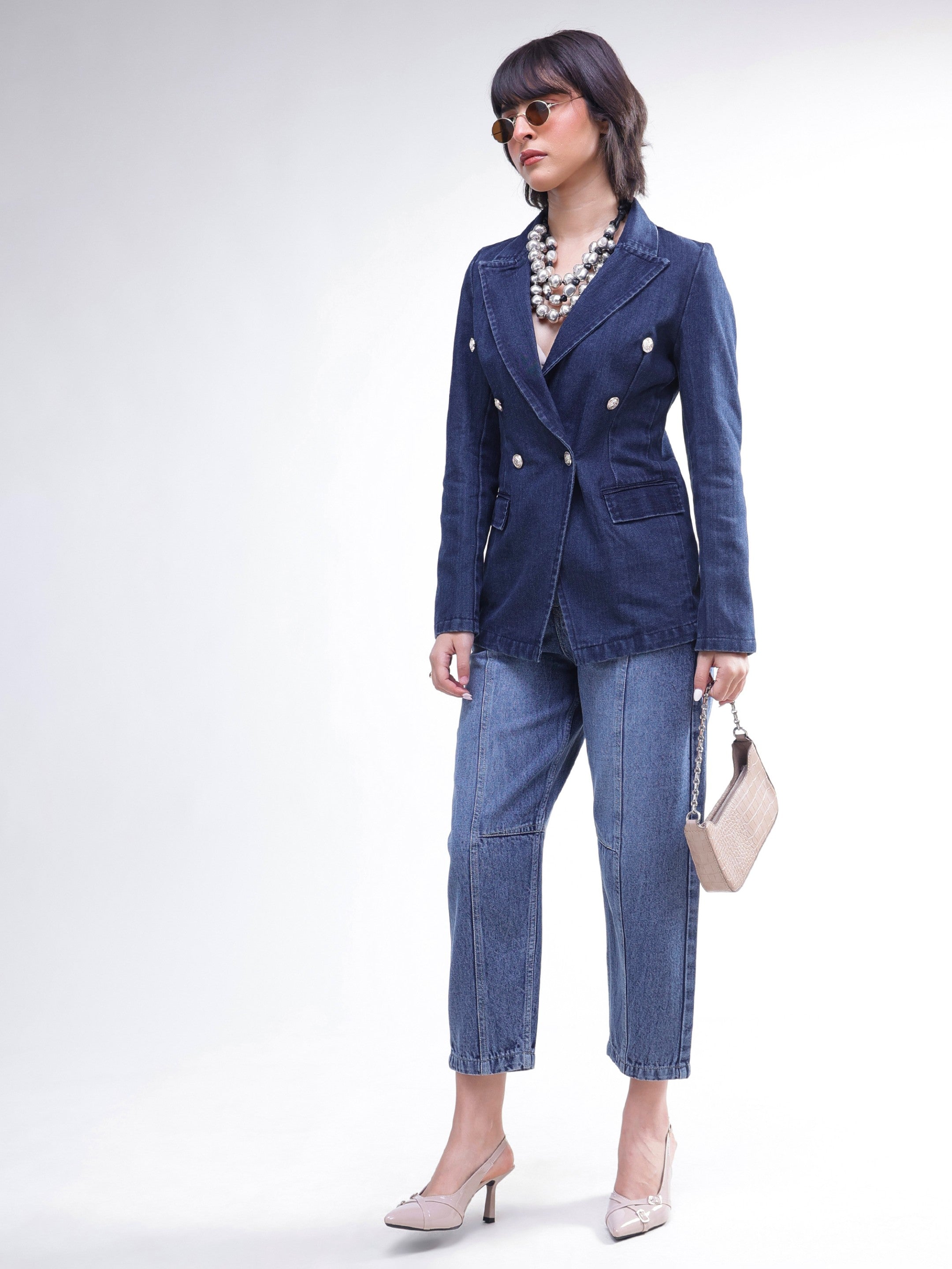 DesiQlo Navy Denim Double Breasted Full Sleeves Blazer - Navy Blu