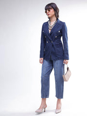Women Navy Denim Double Breasted Full Sleeves Blazer