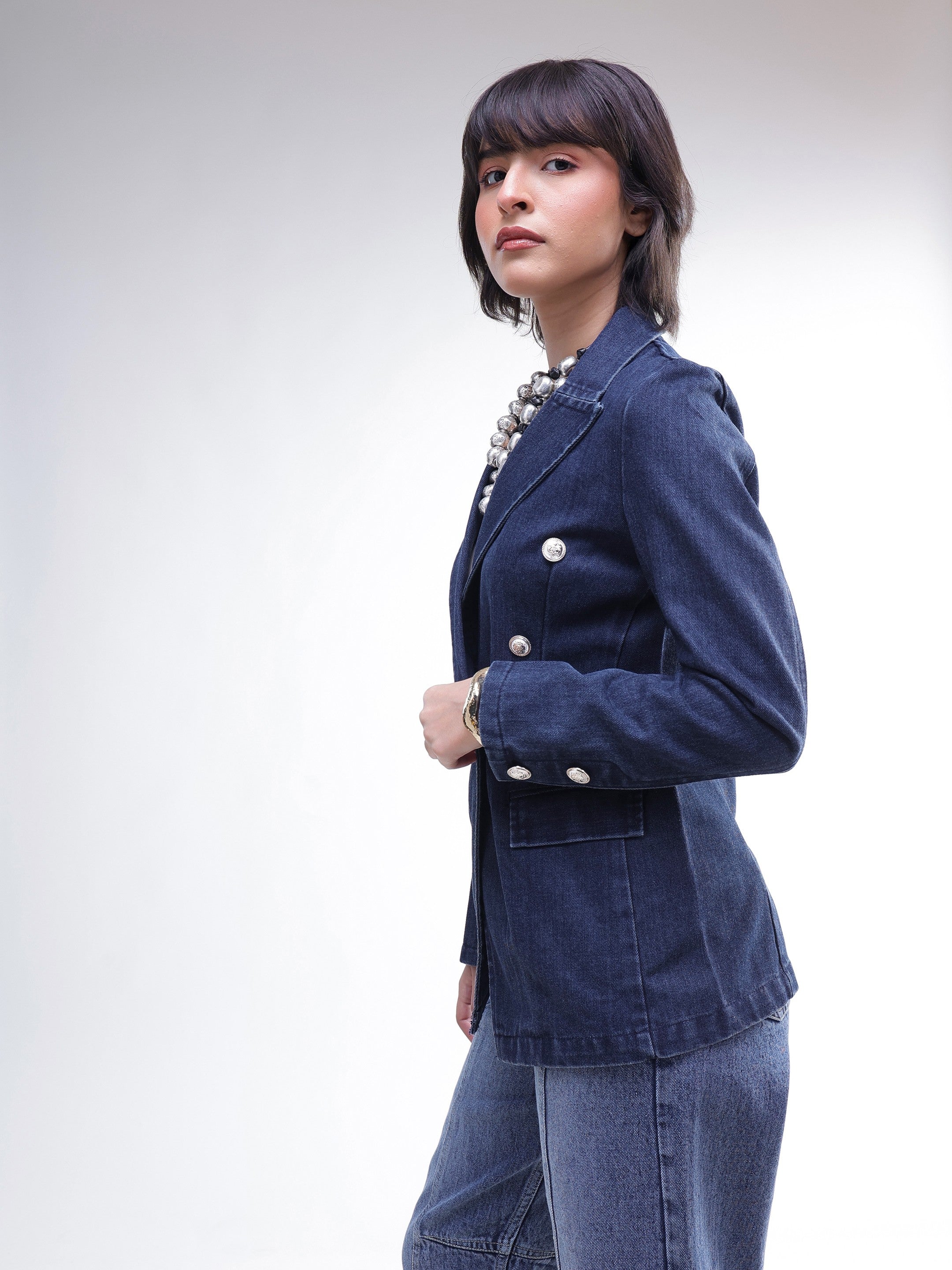 DesiQlo Navy Denim Double Breasted Full Sleeves Blazer - Navy Blu