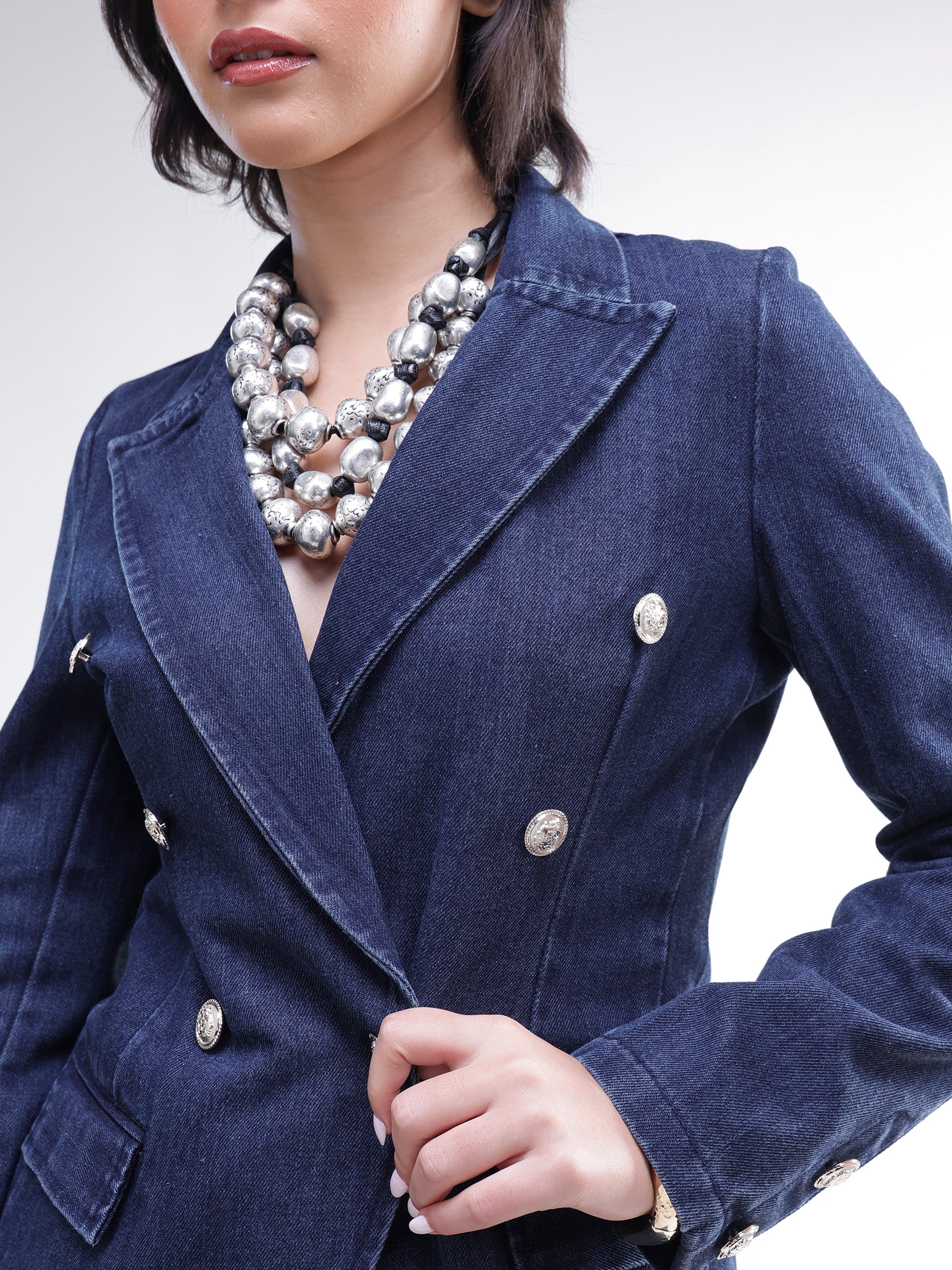 DesiQlo Navy Denim Double Breasted Full Sleeves Blazer - Navy Blu