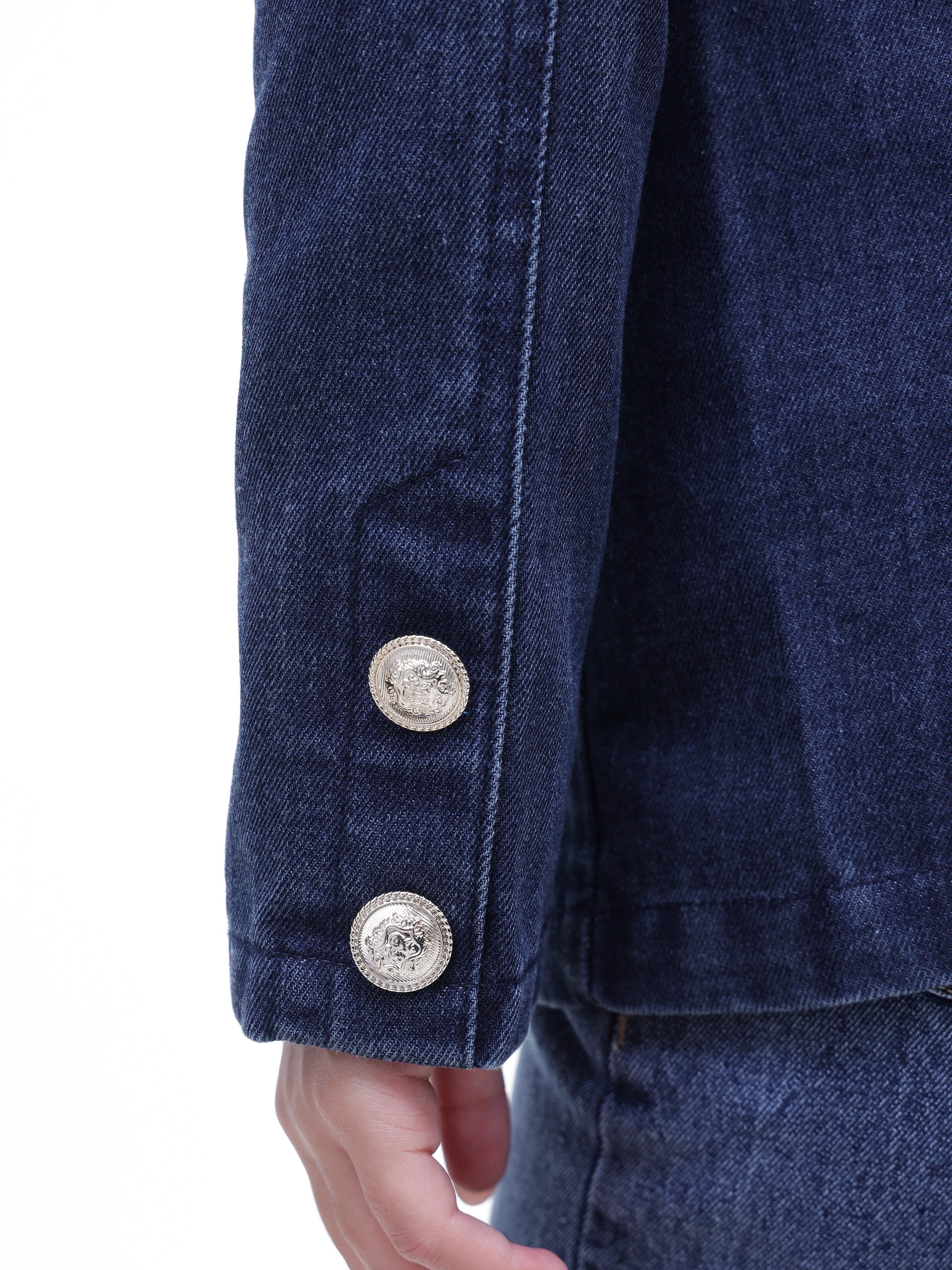 DesiQlo Navy Denim Double Breasted Full Sleeves Blazer - Navy Blu
