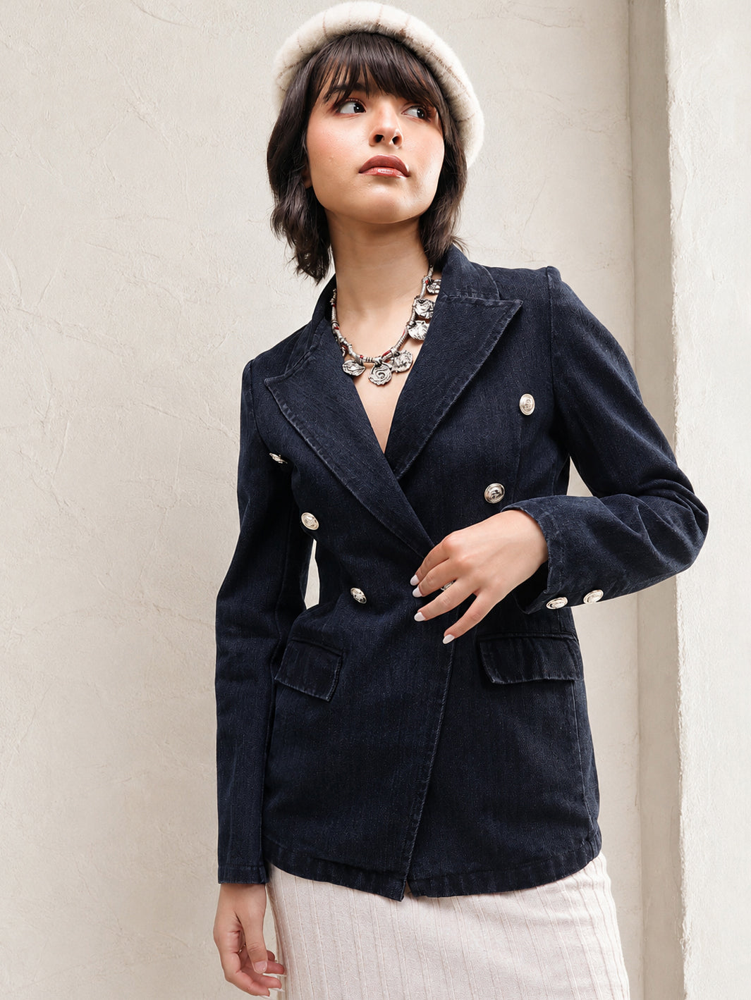 DesiQlo Black Denim Double Breasted Full Sleeves Blazer - Black