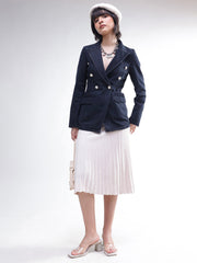 Women Black Denim Double Breasted Full Sleeves Blazer