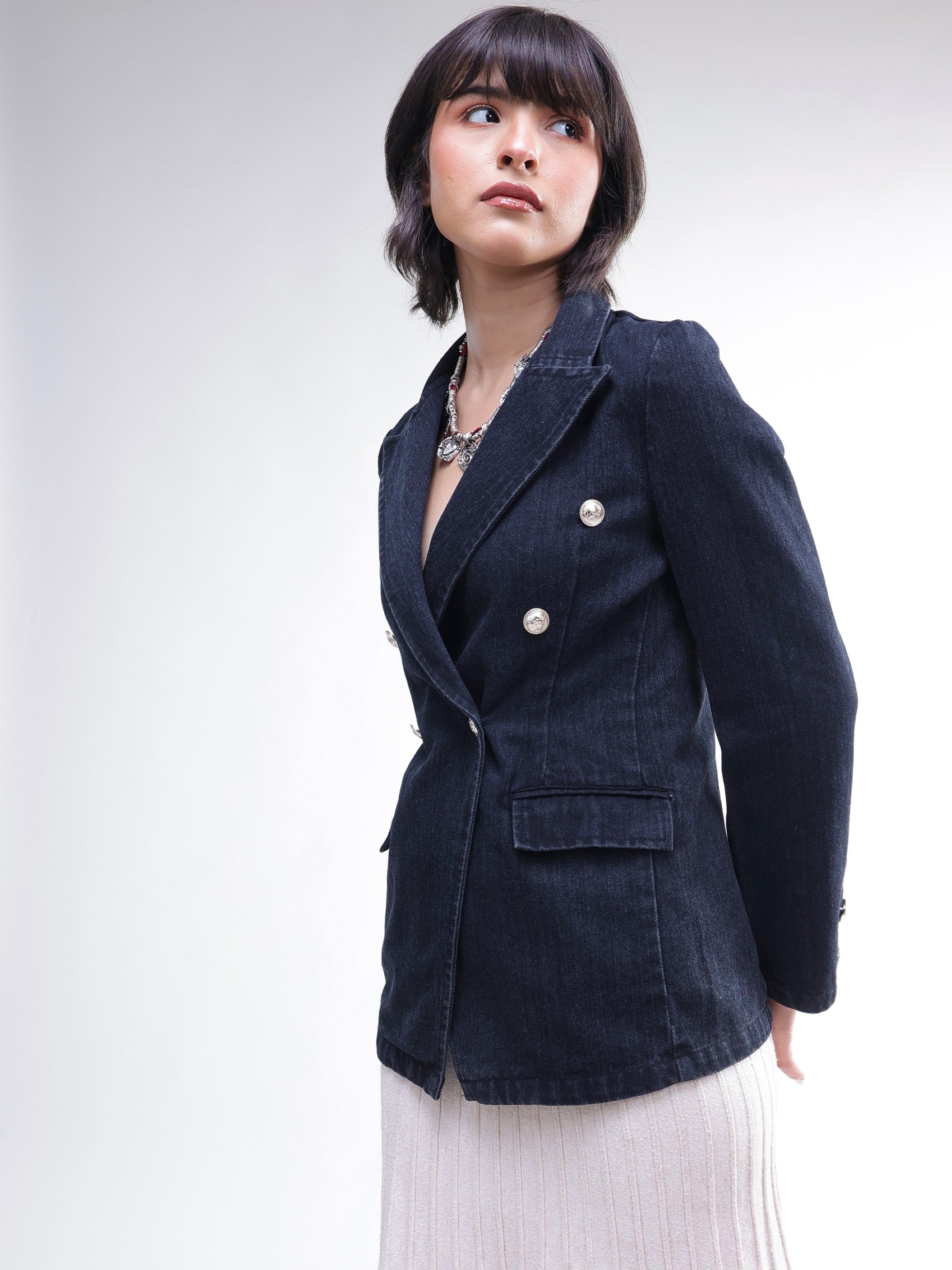 DesiQlo Black Denim Double Breasted Full Sleeves Blazer - Black
