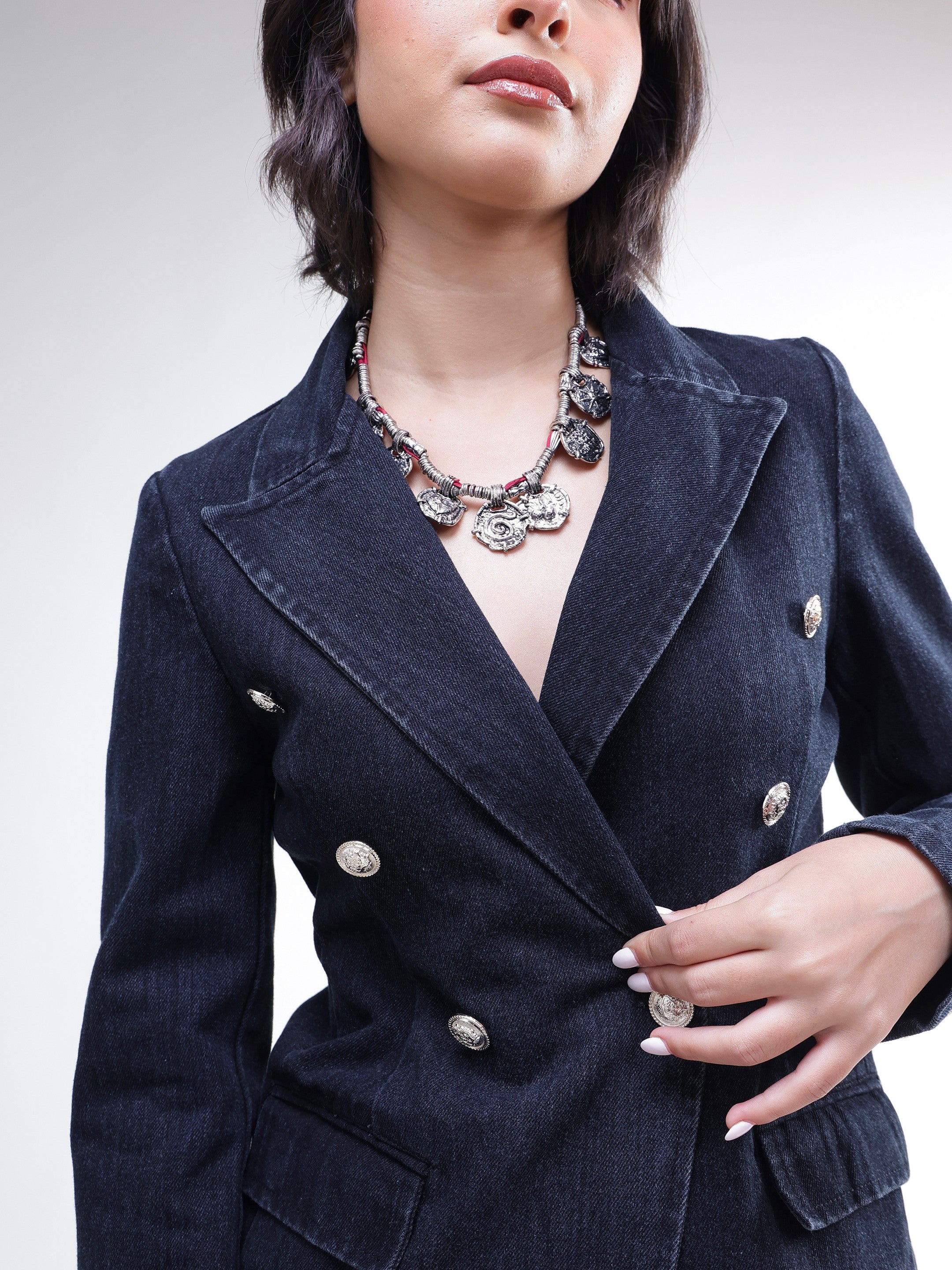 DesiQlo Black Denim Double Breasted Full Sleeves Blazer - Black