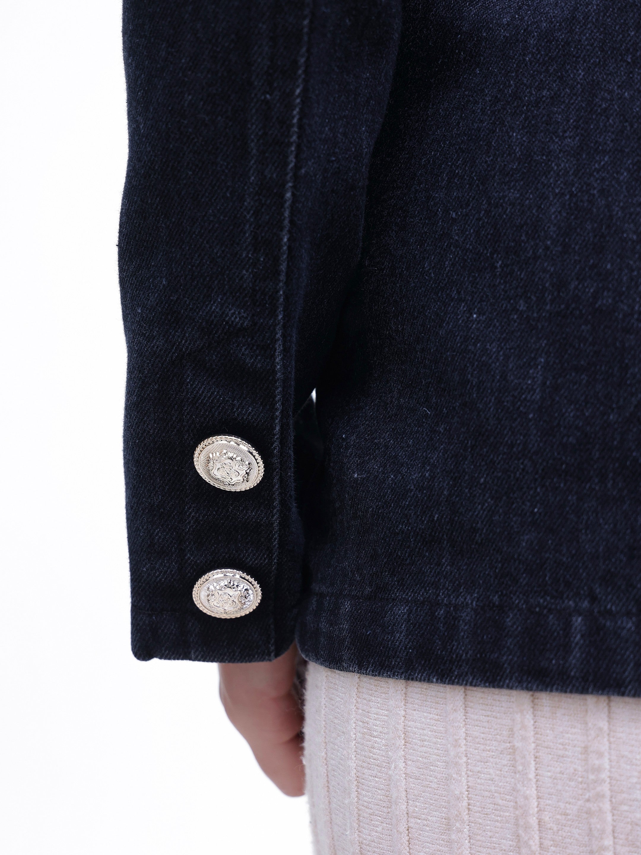 DesiQlo Black Denim Double Breasted Full Sleeves Blazer - Black