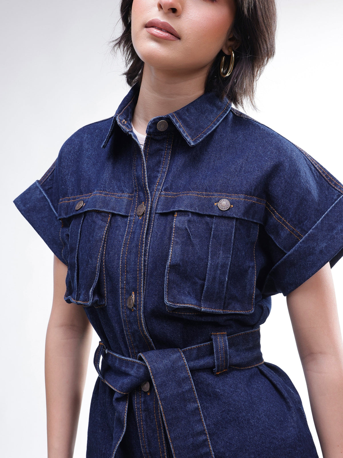 Women Navy Denim Front Box Pockets Gillet