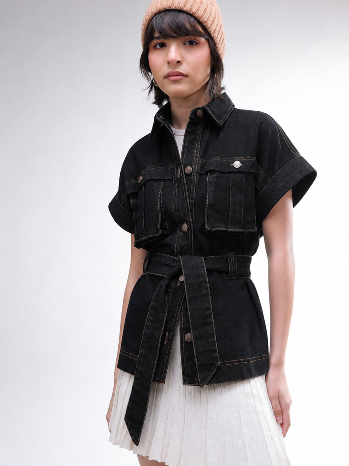 Women Black Denim Front Box Pockets Gillet