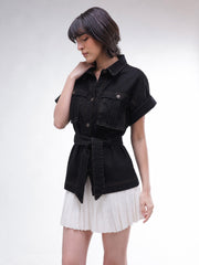 Women Black Denim Front Box Pockets Gillet