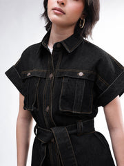 Women Black Denim Front Box Pockets Gillet