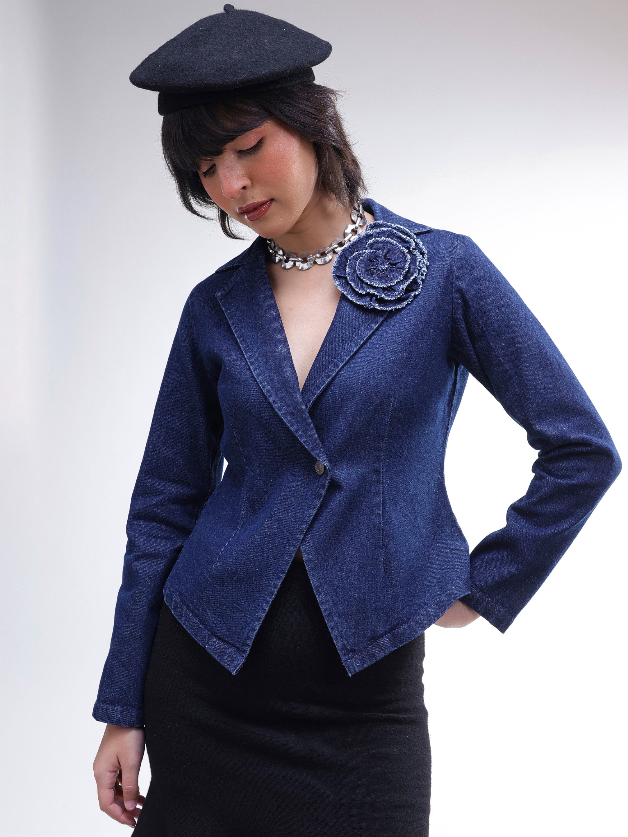 DesiQlo Navy Denim Front Corsage Blazer - Navy Blue