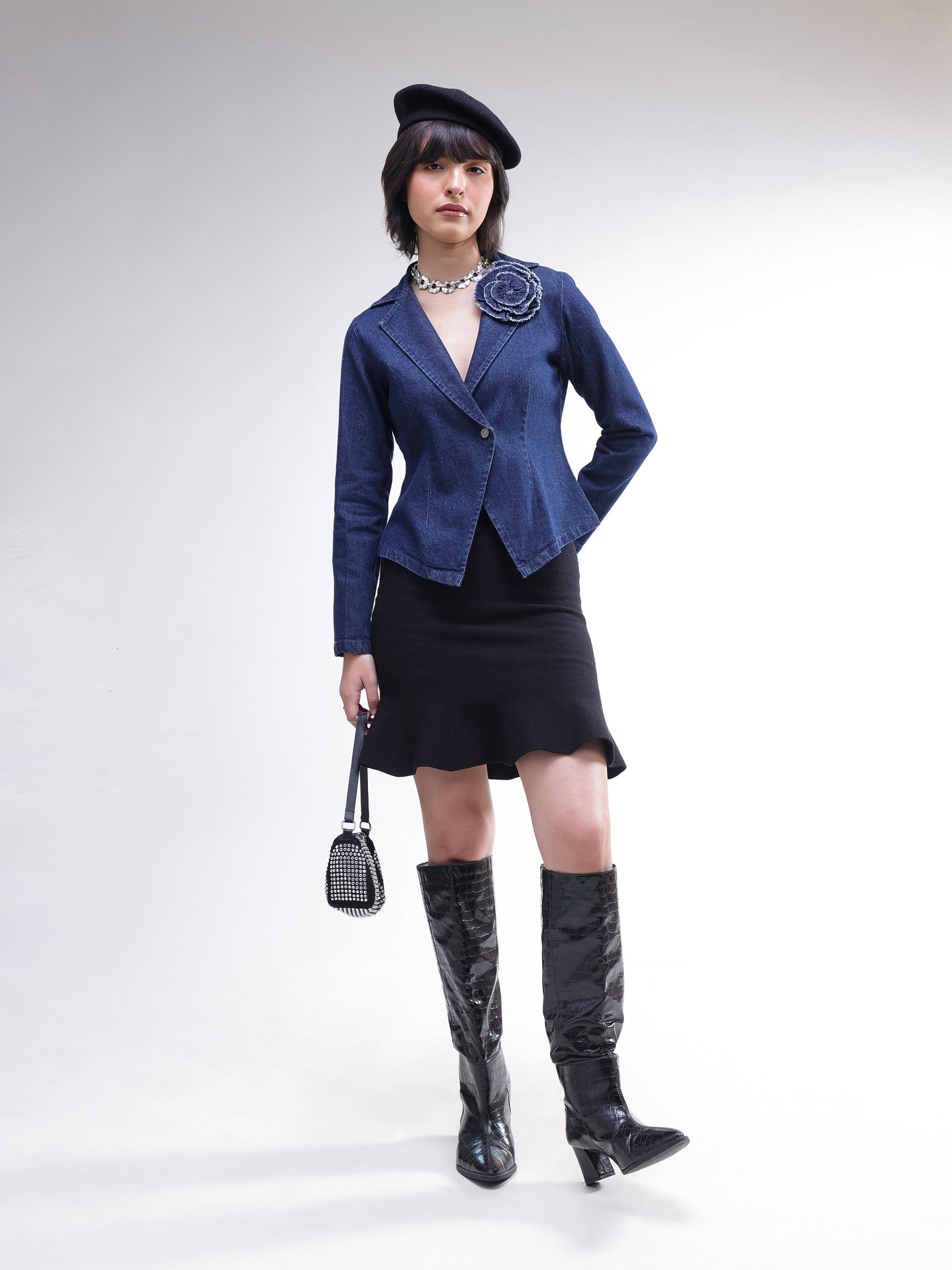 DesiQlo Navy Denim Front Corsage Blazer - Navy Blue