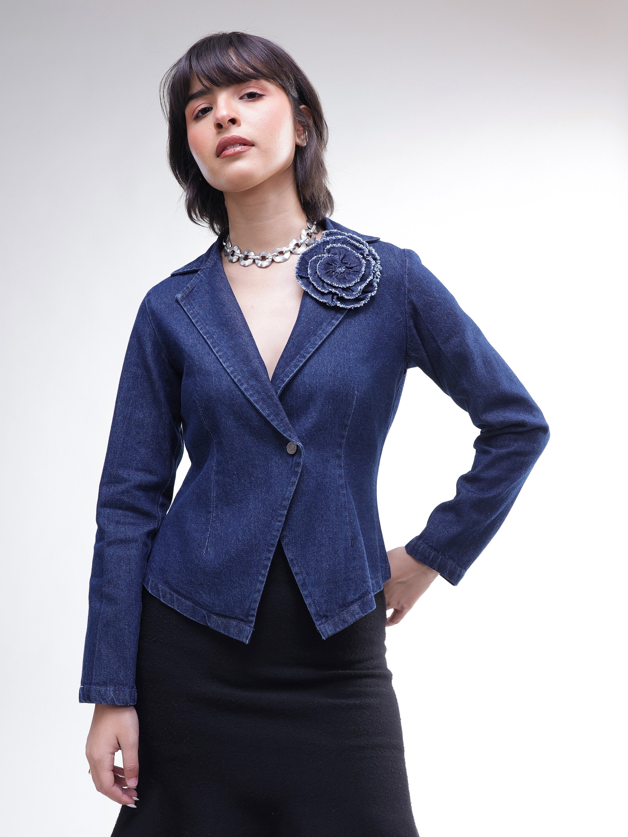 DesiQlo Navy Denim Front Corsage Blazer - Navy Blue