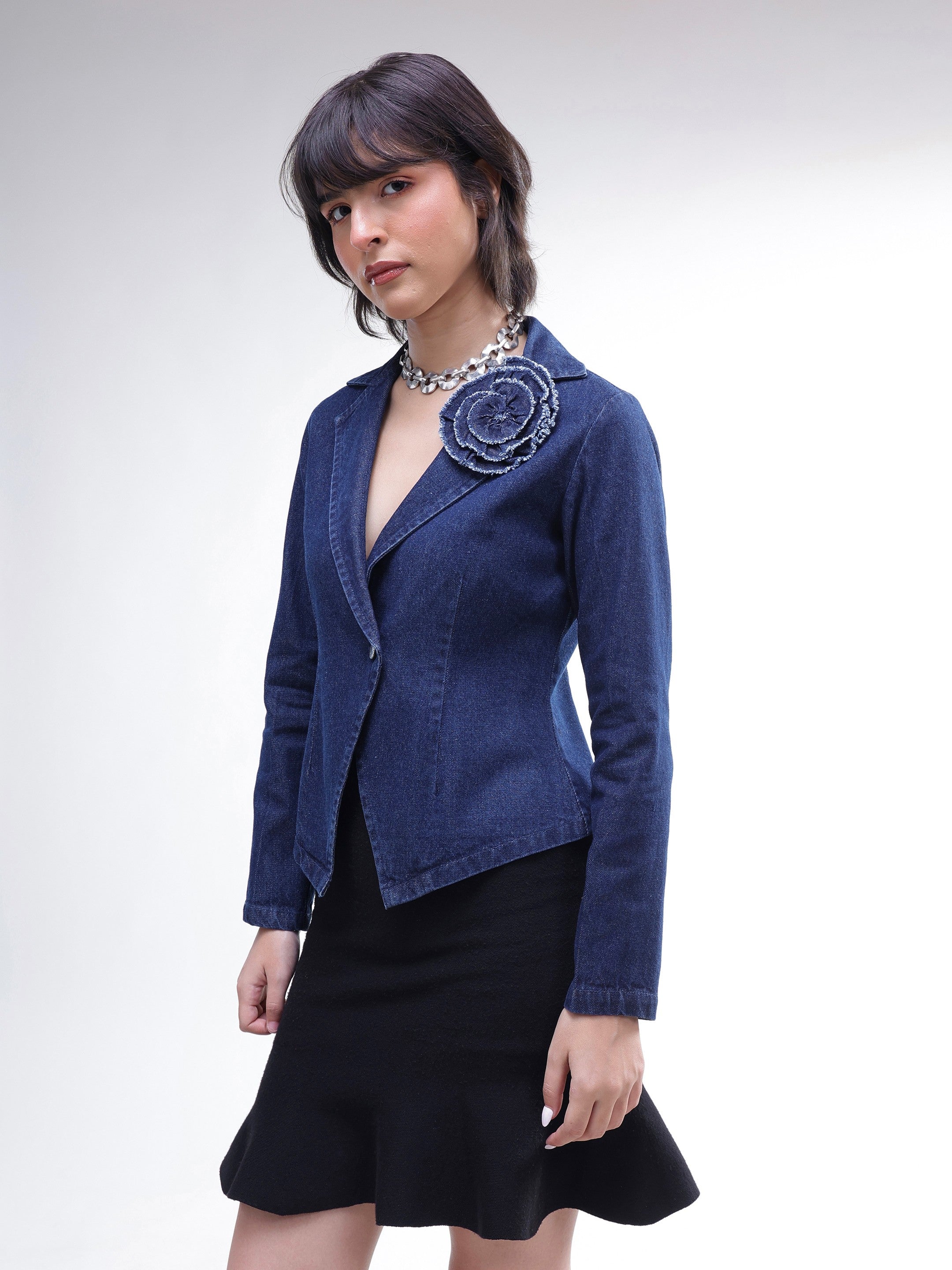 DesiQlo Navy Denim Front Corsage Blazer - Navy Blue
