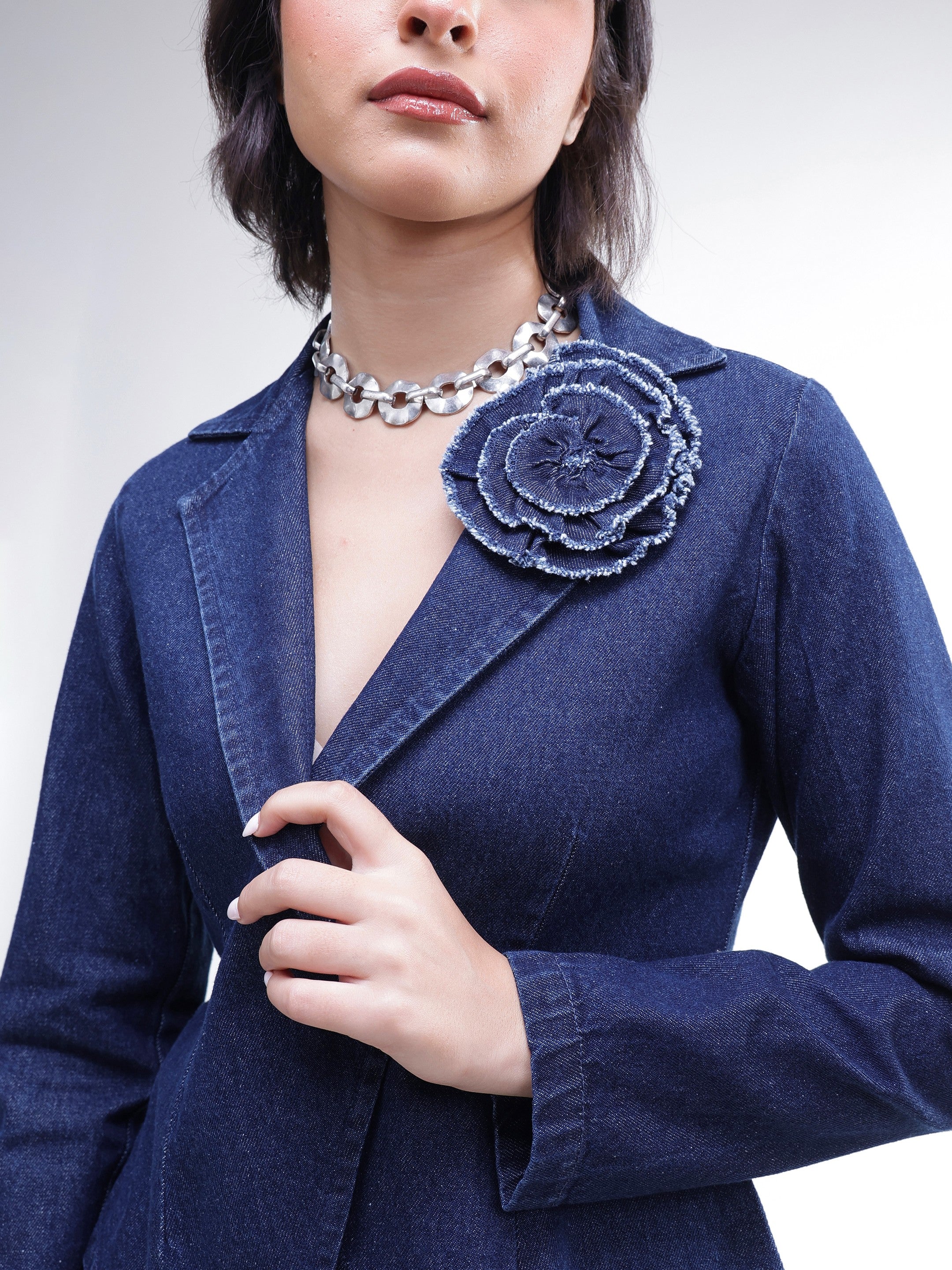 DesiQlo Navy Denim Front Corsage Blazer - Navy Blue