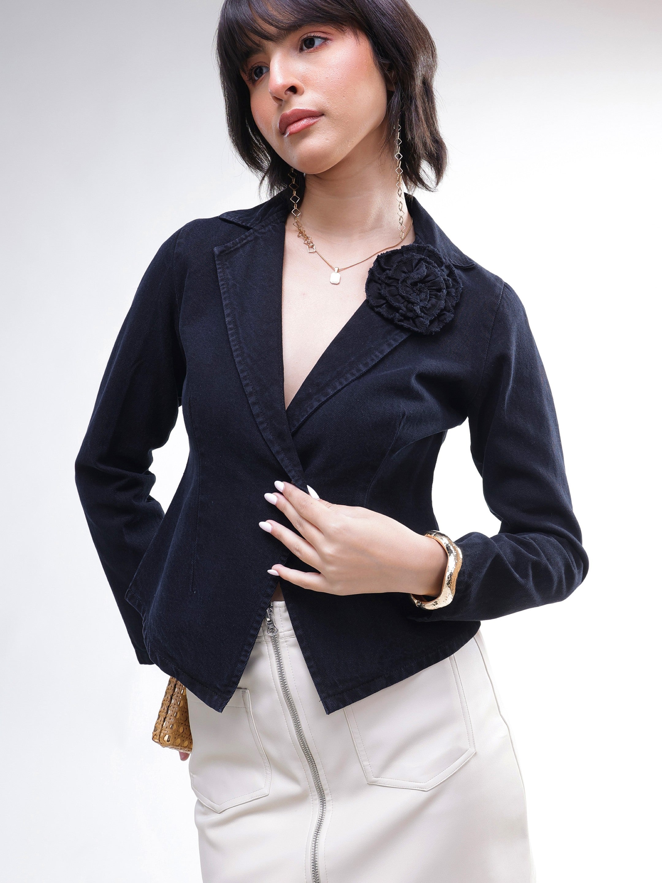DesiQlo Black Denim Front Corsage Blazer - Black