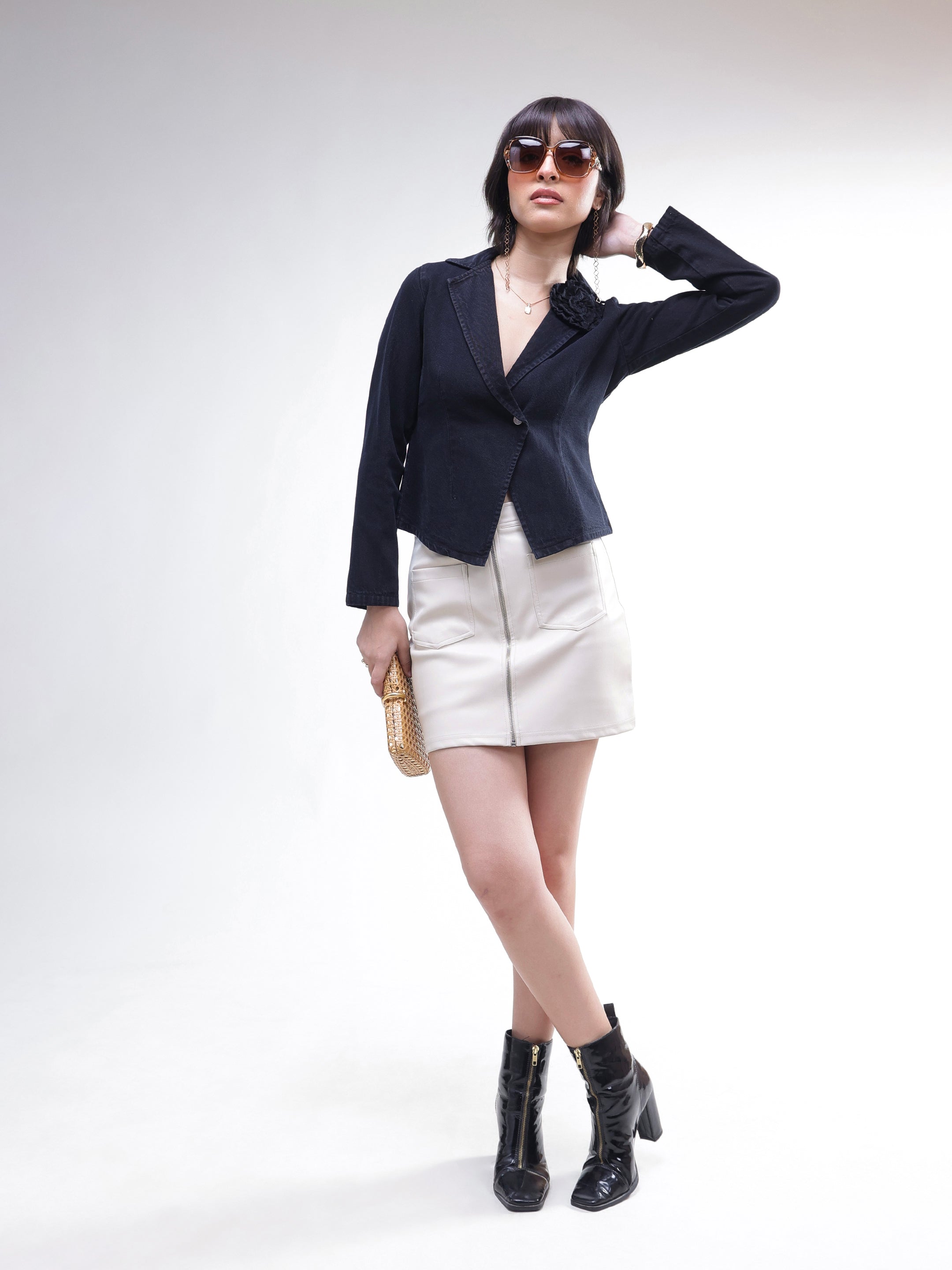 DesiQlo Black Denim Front Corsage Blazer - Black