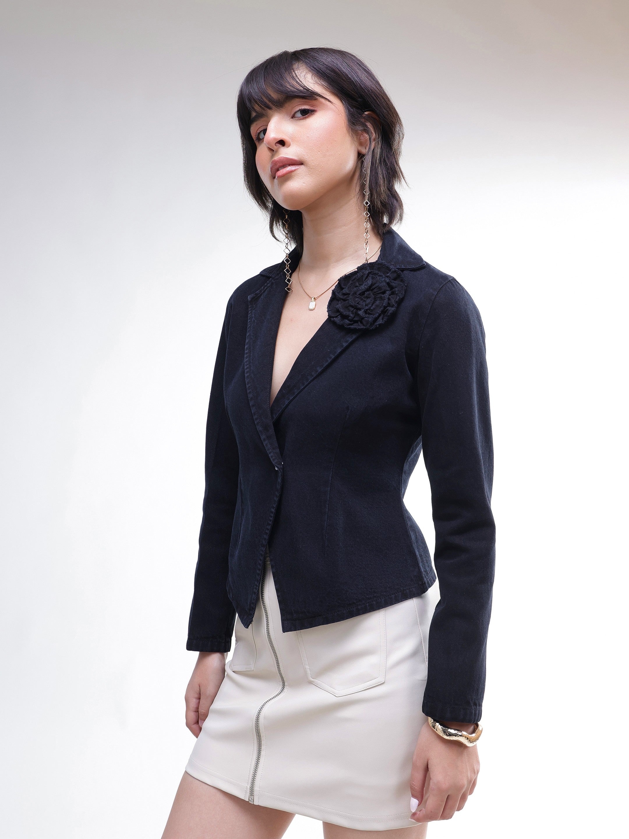 DesiQlo Black Denim Front Corsage Blazer - Black