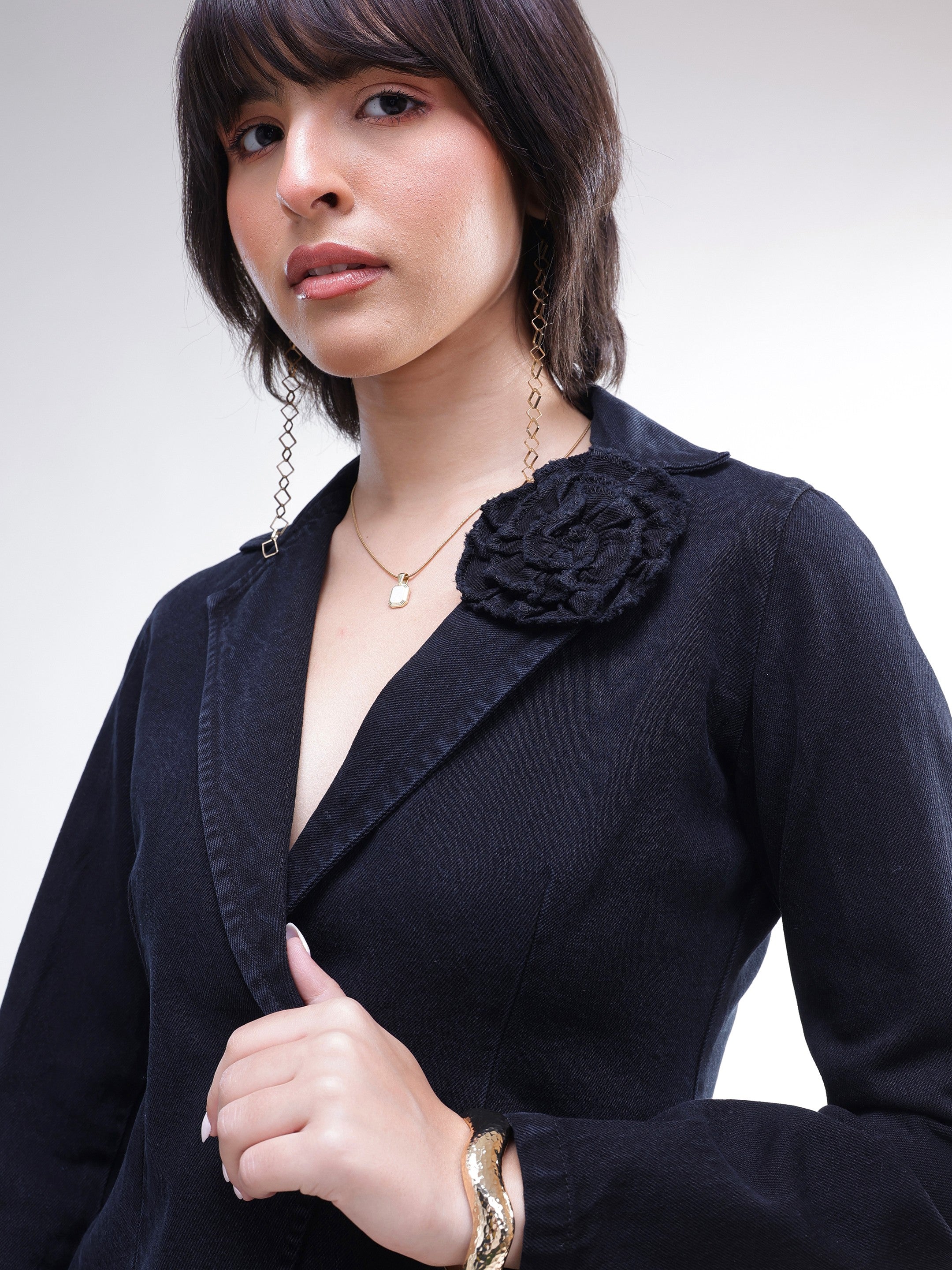 DesiQlo Black Denim Front Corsage Blazer - Black