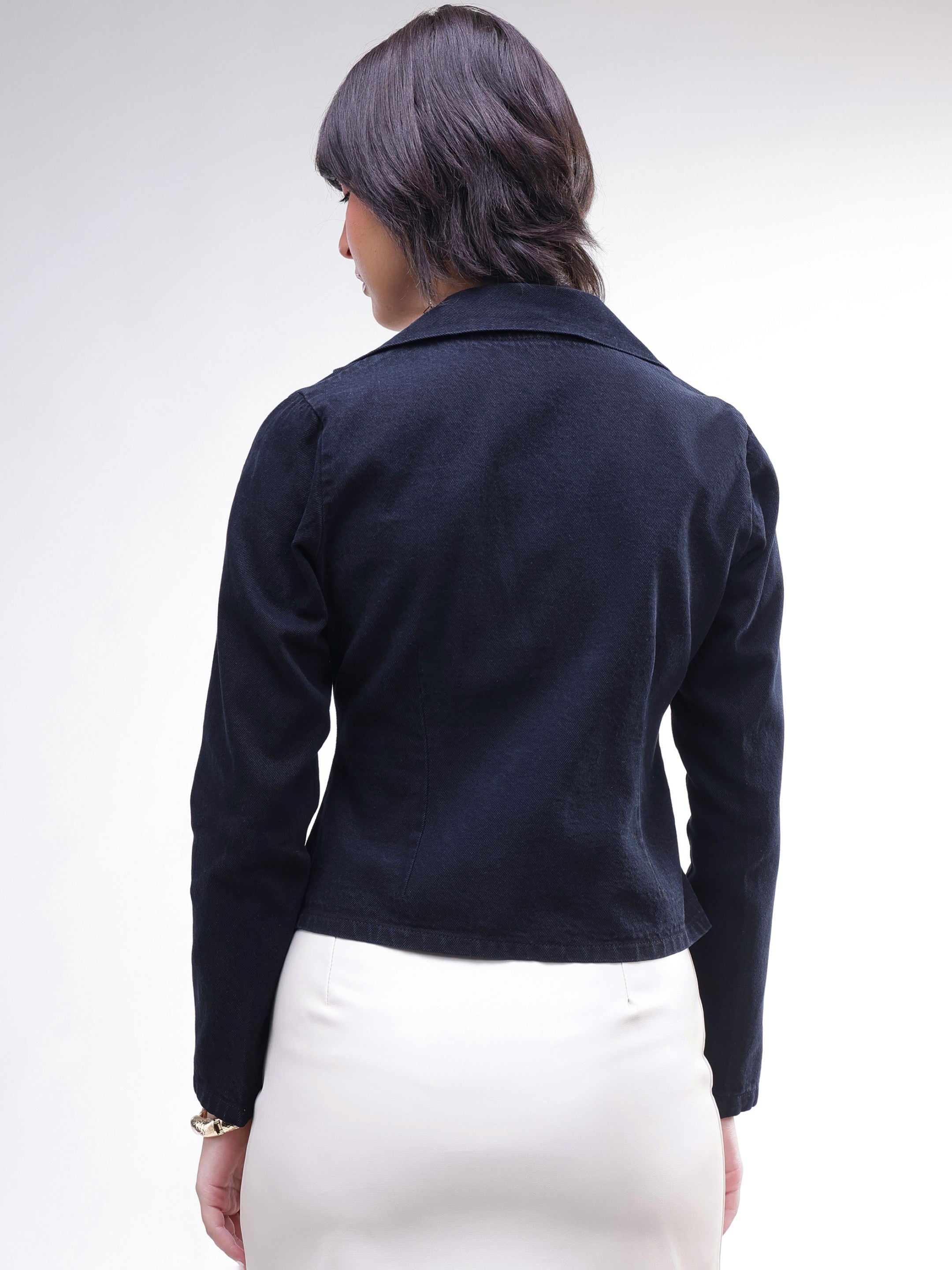 DesiQlo Black Denim Front Corsage Blazer - Black