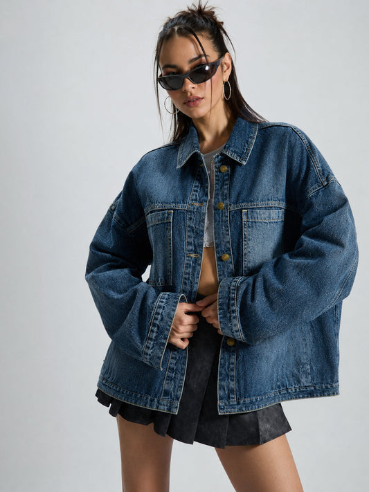Women Blue Wash Denim Oversized Jacket 1086