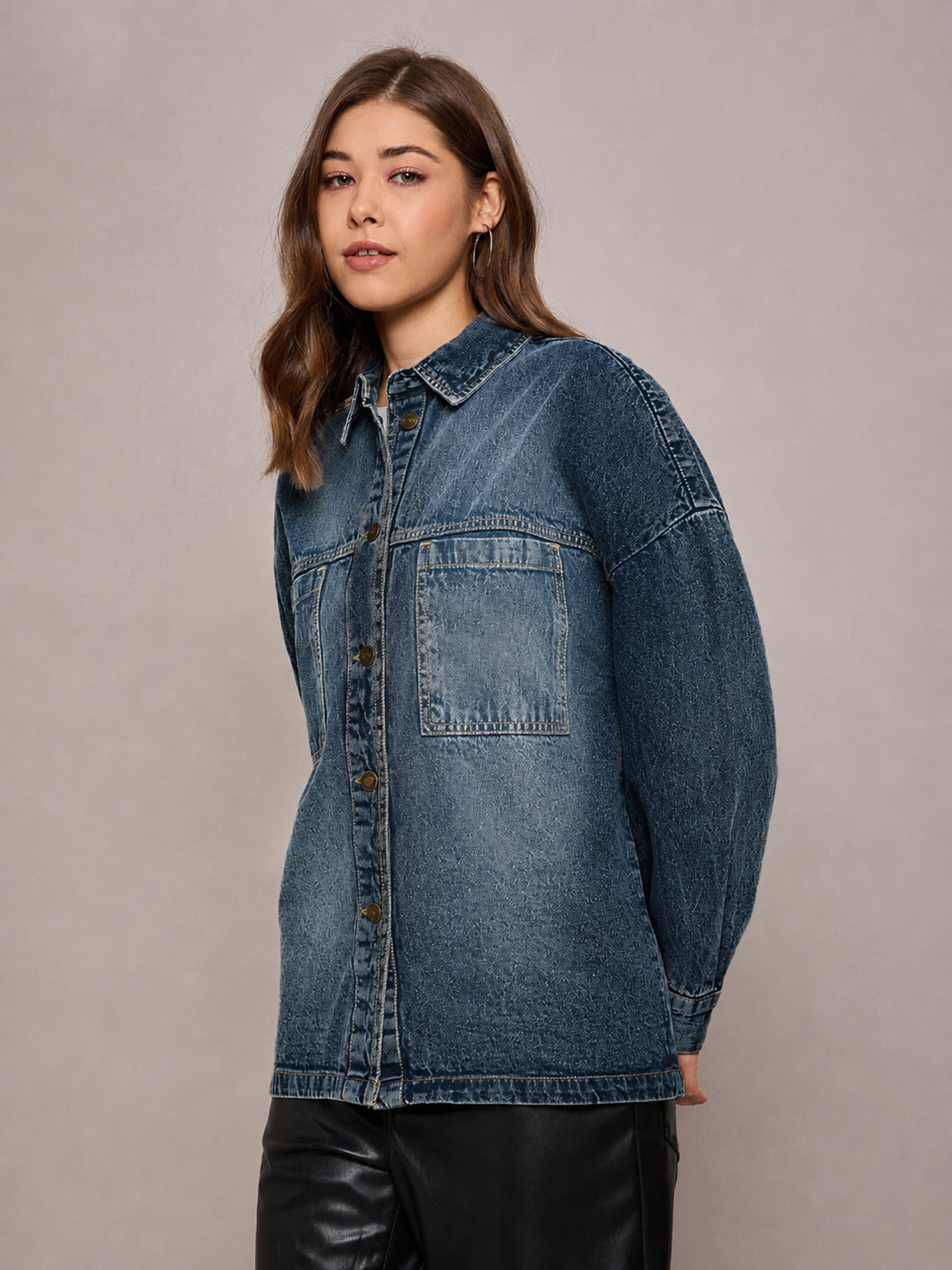DesiQlo Blue Wash Denim Oversized Jacket - Blue