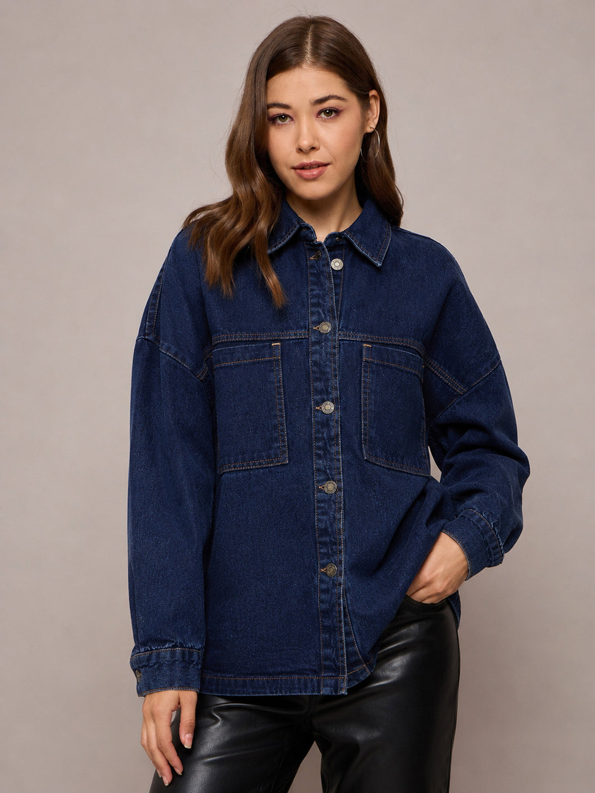 Women Navy Denim Oversized Jacket
