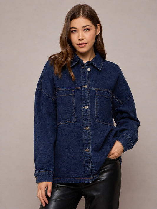 Women Navy Denim Oversized Jacket 2160