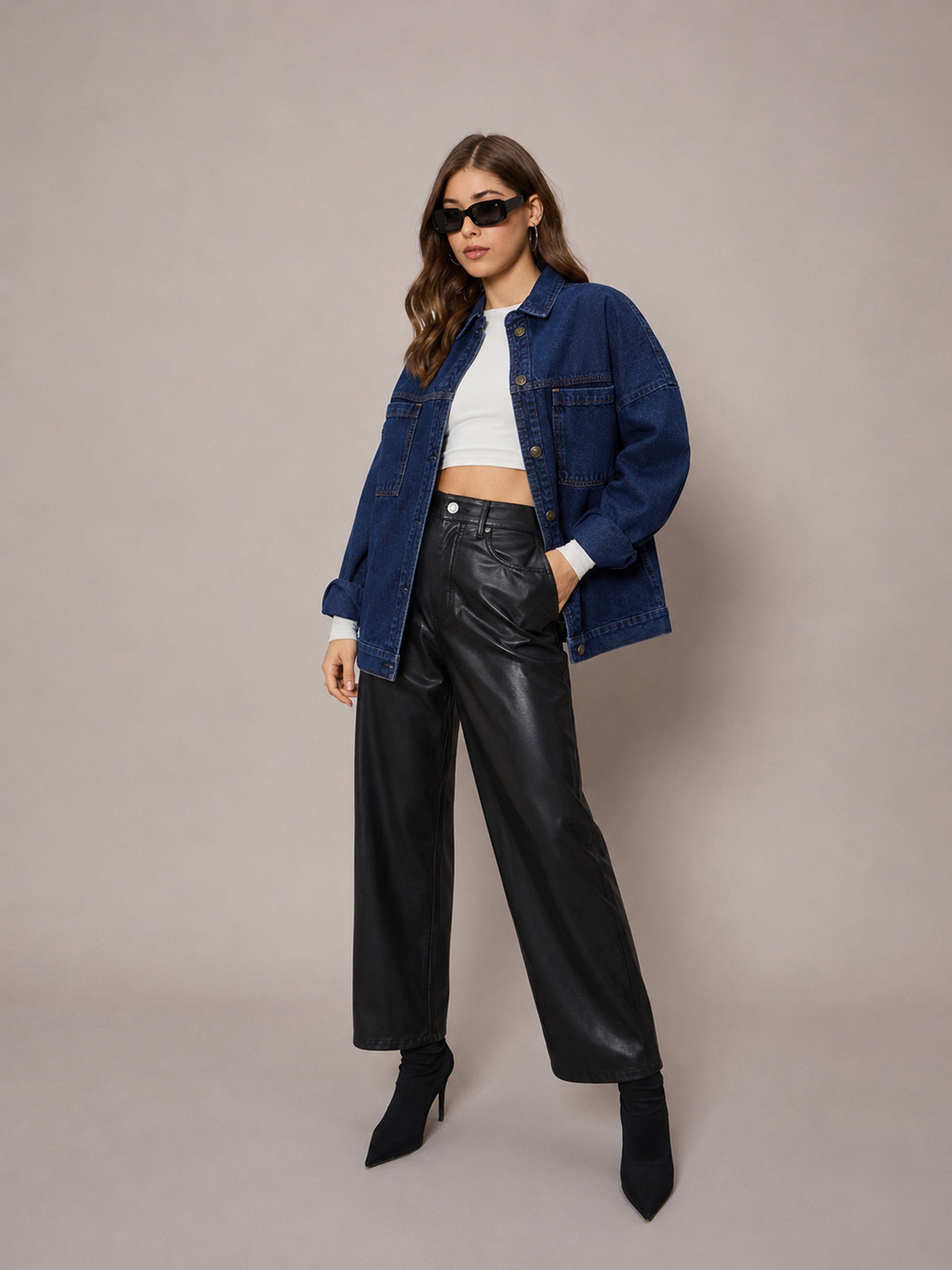 DesiQlo Navy Denim Oversized Jacket - Navy Blue