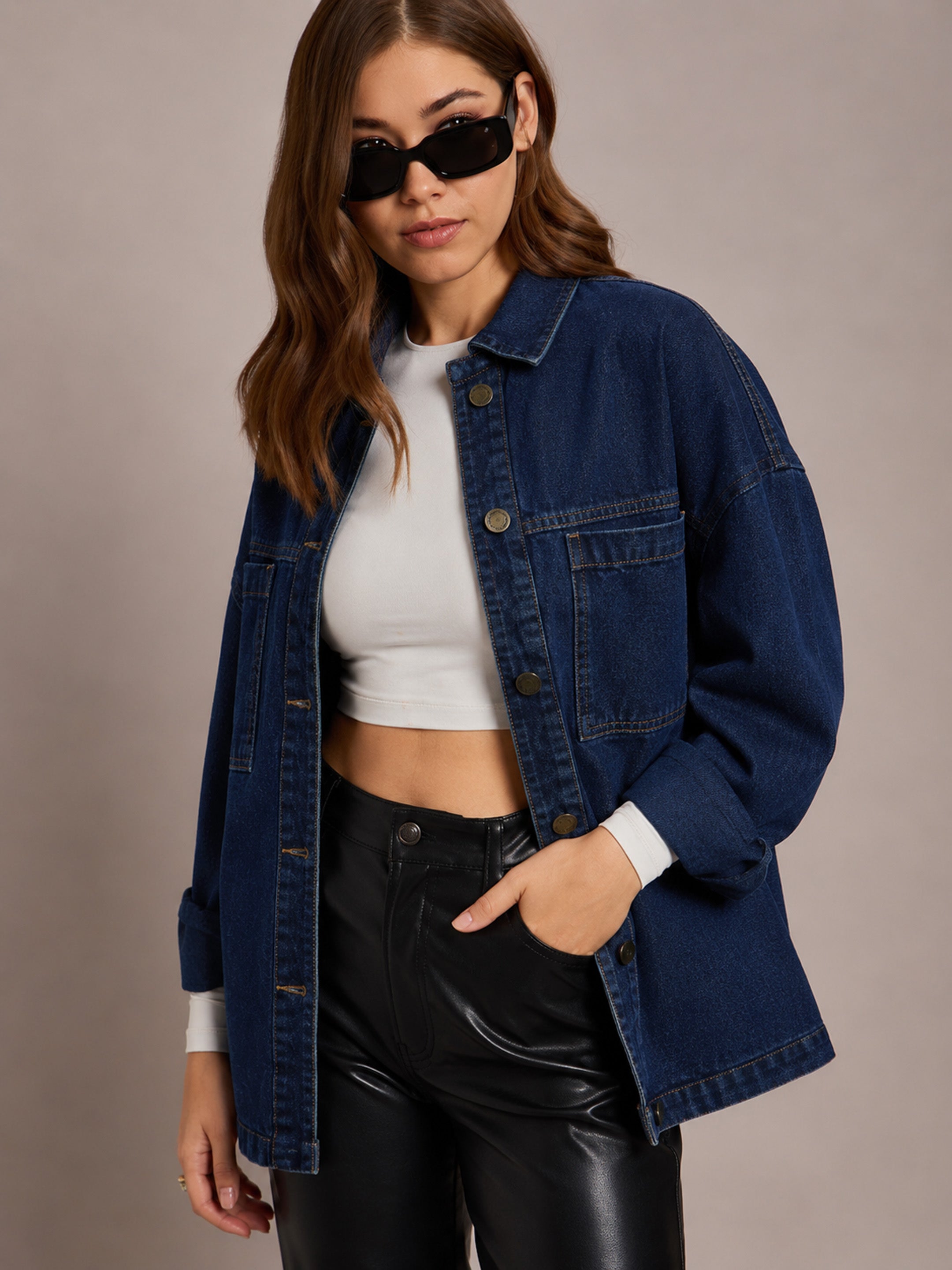 DesiQlo Navy Denim Oversized Jacket - Navy Blue