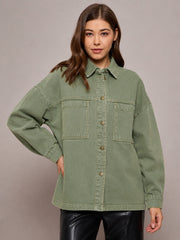 Women Green Denim Oversized Jacket
