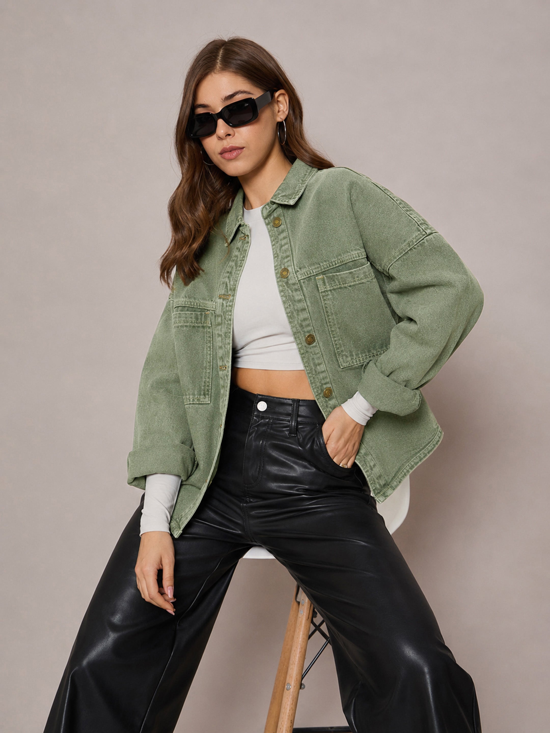 DesiQlo Green Denim Oversized Jacket - Green