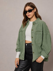 Women Green Denim Oversized Jacket