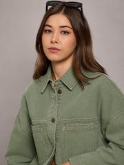 Women Green Denim Oversized Jacket