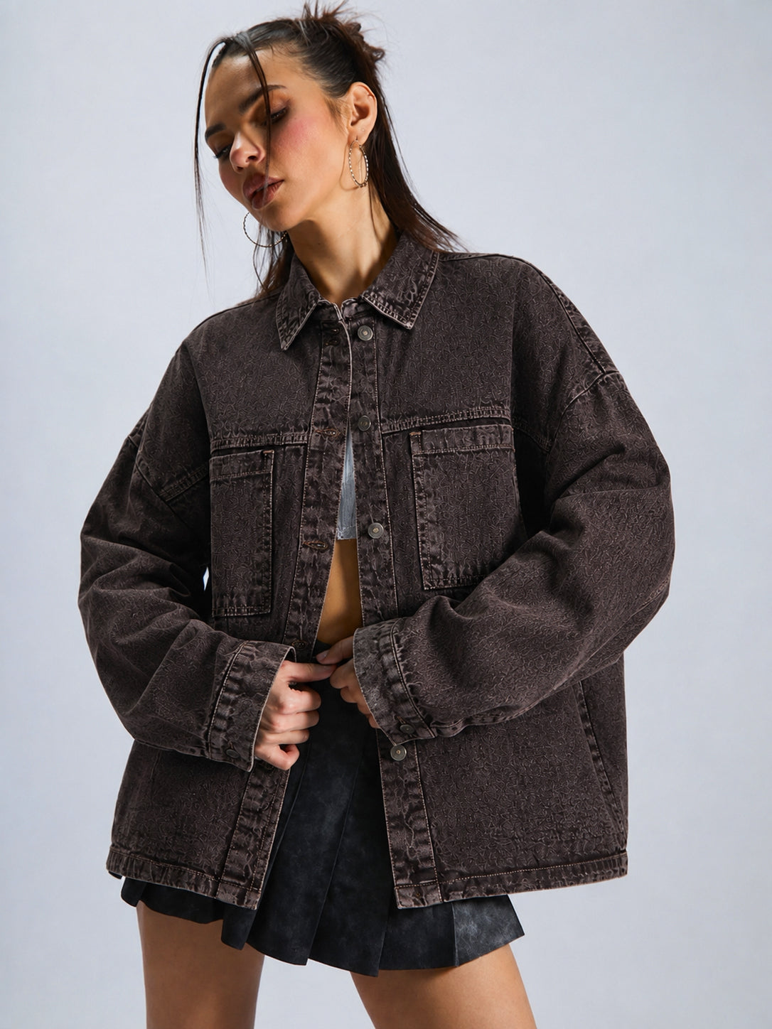 DesiQlo Brown Denim Oversized Jacket - Brown