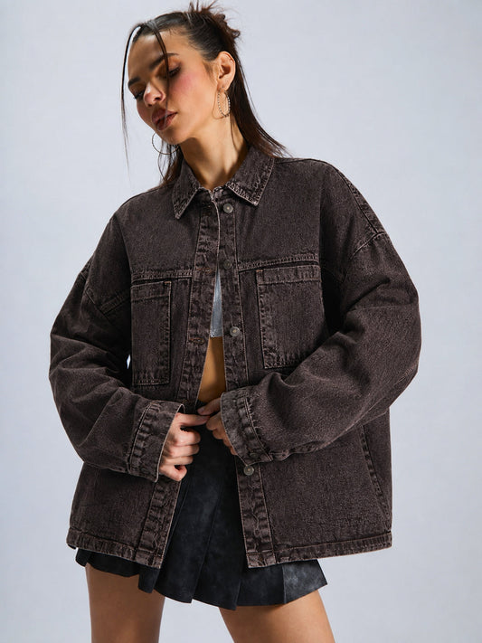 Women Brown Denim Oversized Jacket 1086